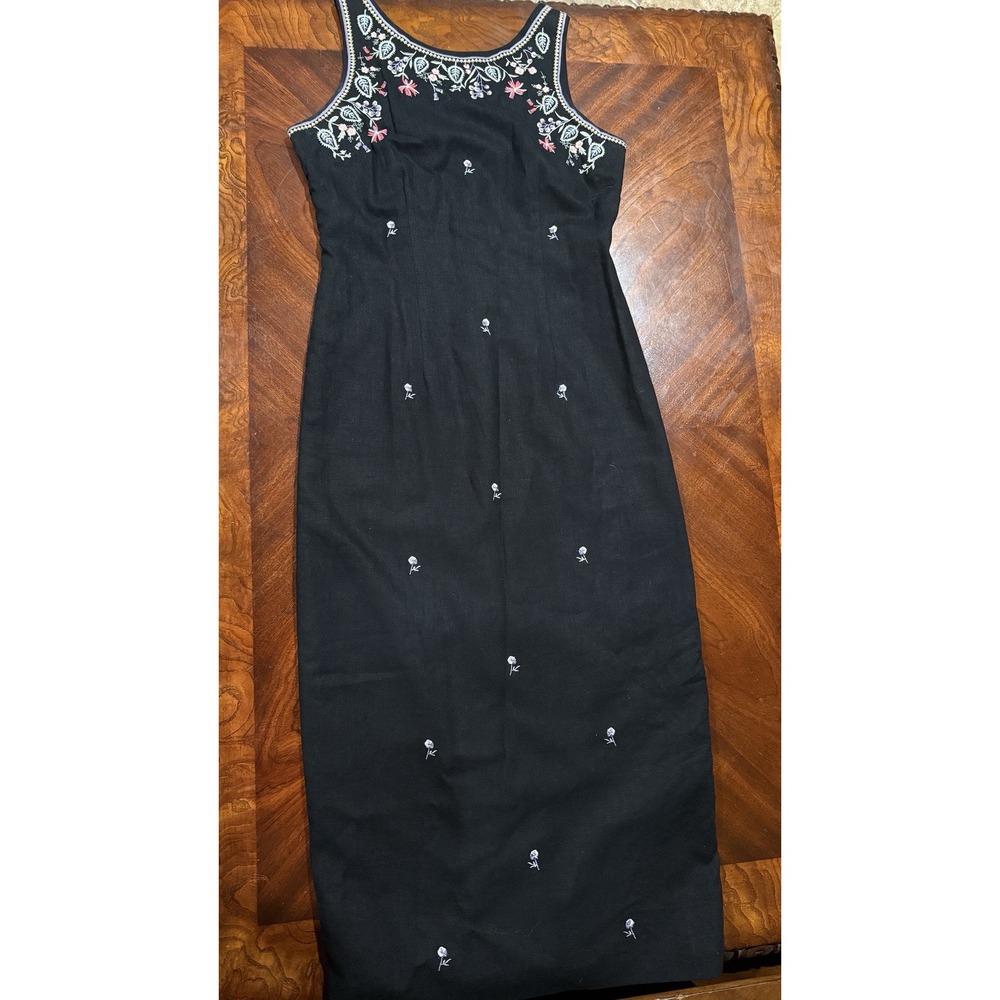 Ultra Dress New York Black Linen Blend Embroidered Floral Maxi Dress Boho‎ Vtg 6